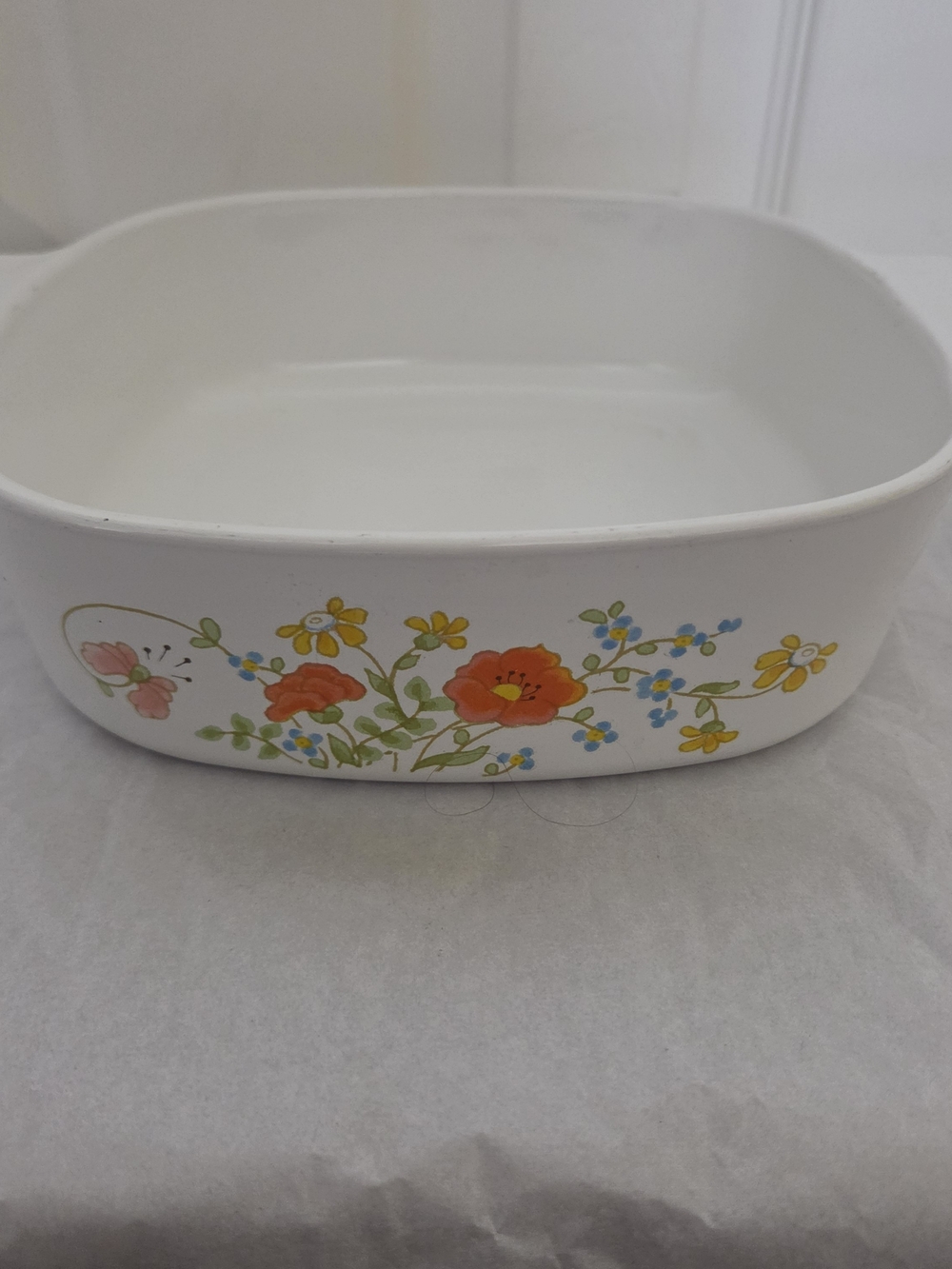 Corningware White Ceramic Baking Dish with Orange, Yellow & Blue Floral Design